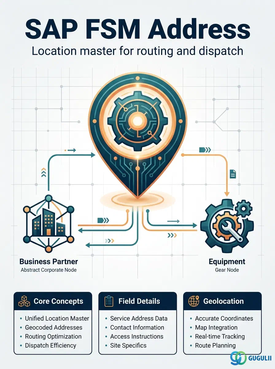 Cover: SAP FSM Address — the resolved location behind every Business Partner and Equipment