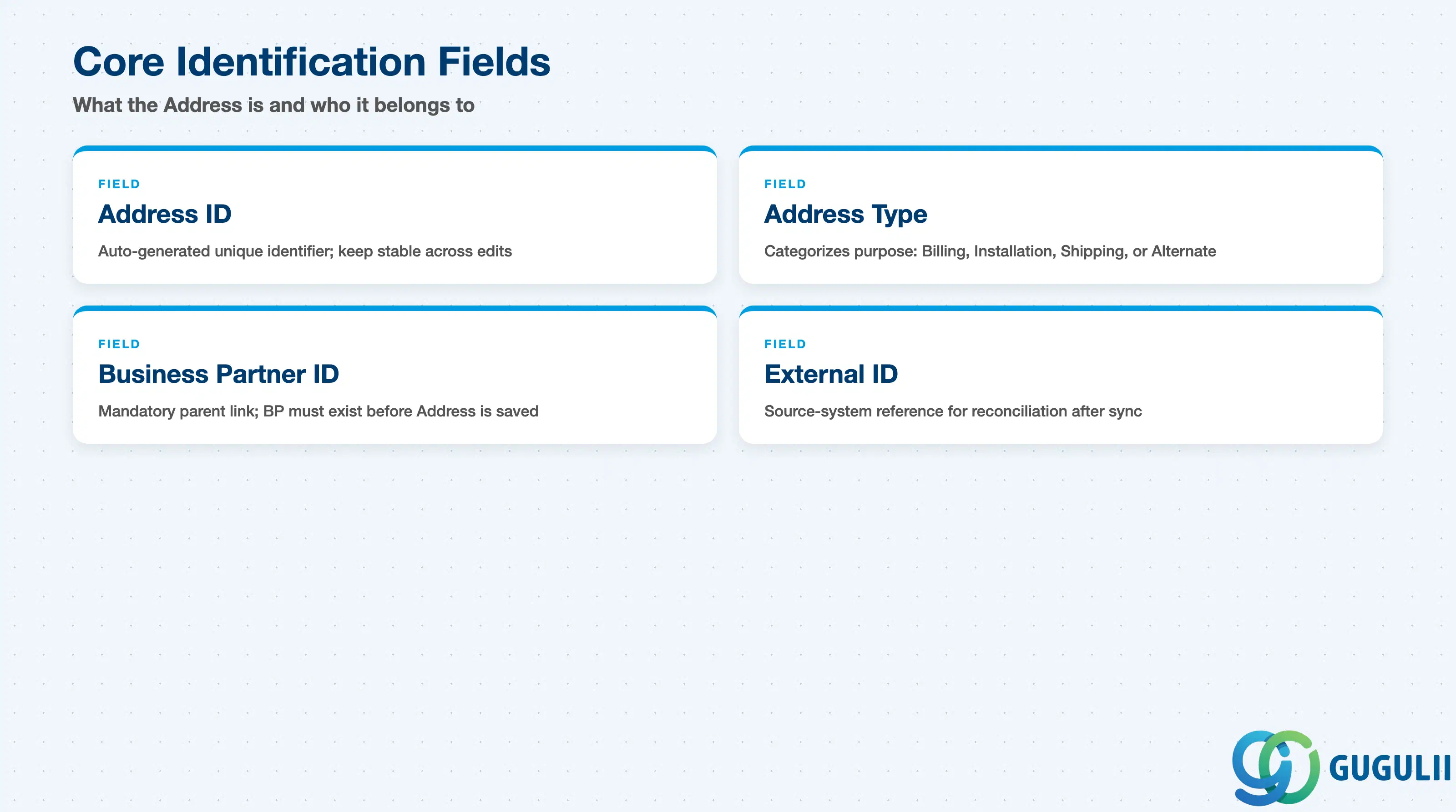 Checklist of key Address identification fields: Address ID, Address Type, Business Partner ID, External ID