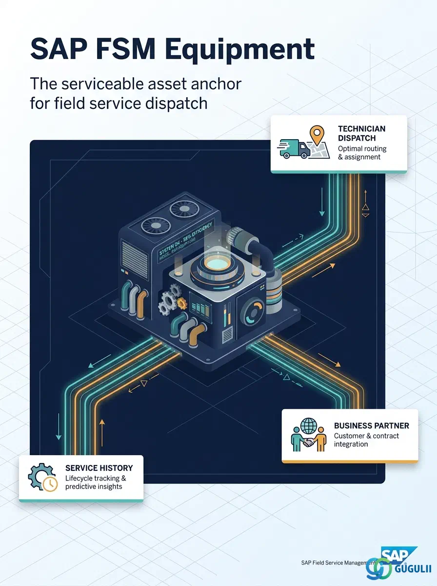 Cover: SAP FSM Equipment — the serviceable asset record for field service dispatch
