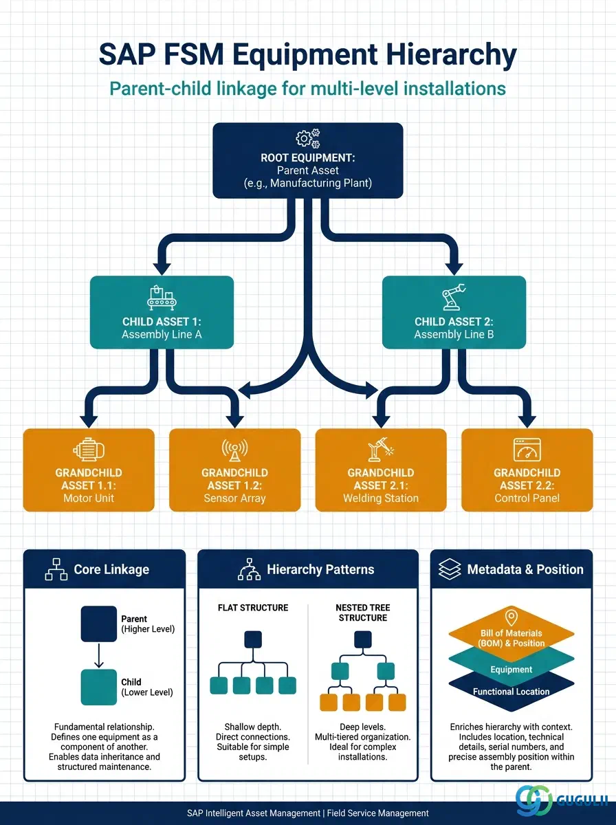 Cover: SAP FSM Equipment Hierarchy — the parent-child structure behind multi-level installations