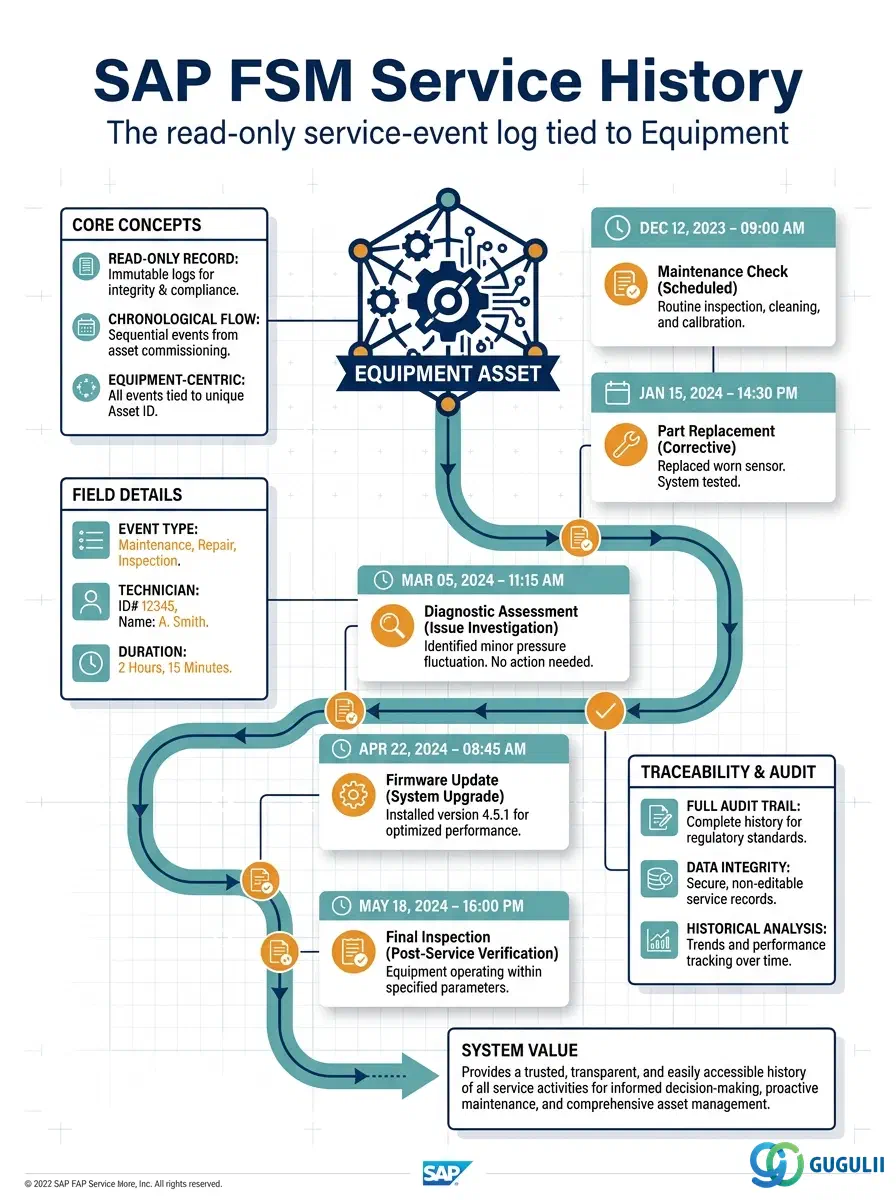 Cover: SAP FSM Service History — the read-only service-event log tied to Equipment