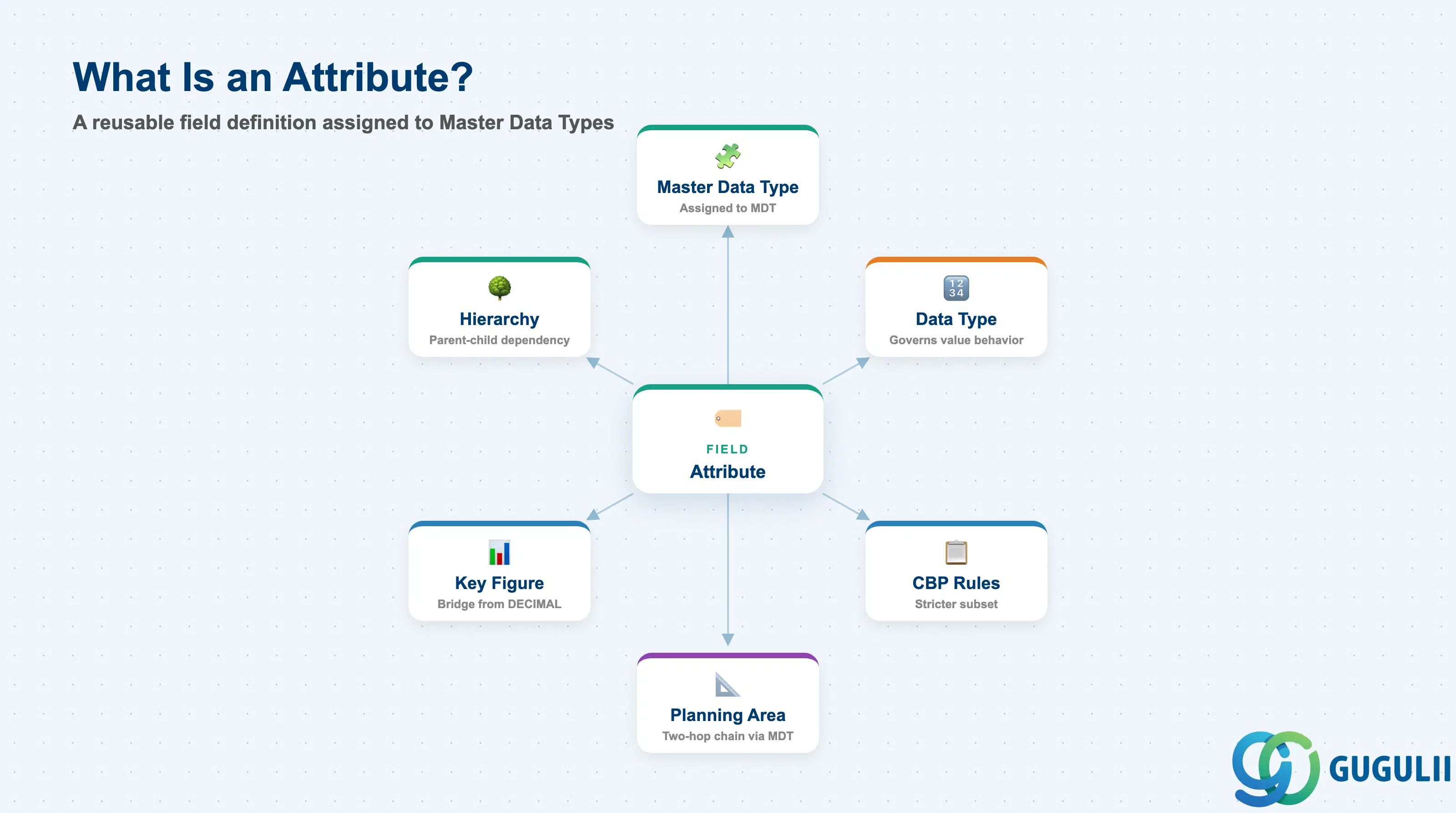 Hub-and-spoke diagram showing Attribute at the center, connected to Master Data Type, Data Type & Value Constraints, CBP Rules, Planning Area, Key Figure, and Master Data Hierarchy