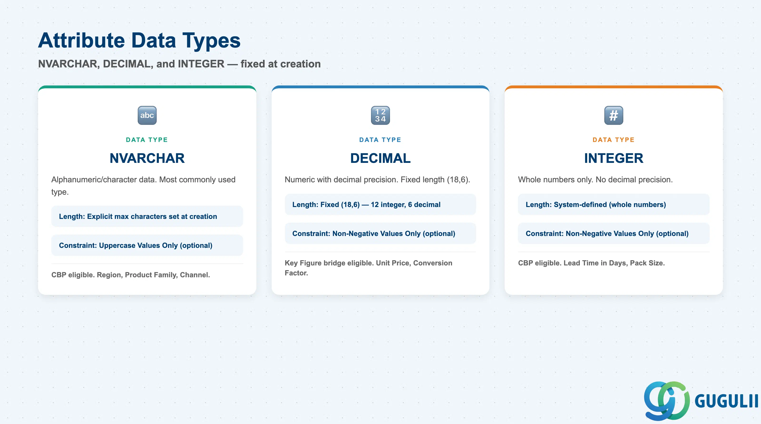 2x2 comparison of the three SAP IBP Attribute data types: NVARCHAR, DECIMAL, and INTEGER, with their value-constraint settings