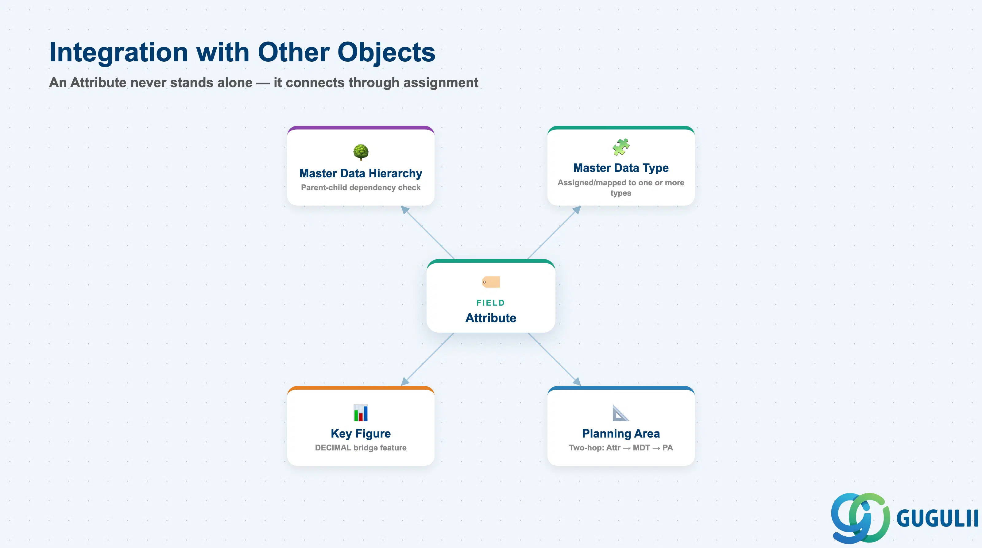 Hub-and-spoke diagram showing Attribute at center, connected to Master Data Type, Planning Area, Key Figure, and Master Data Hierarchy