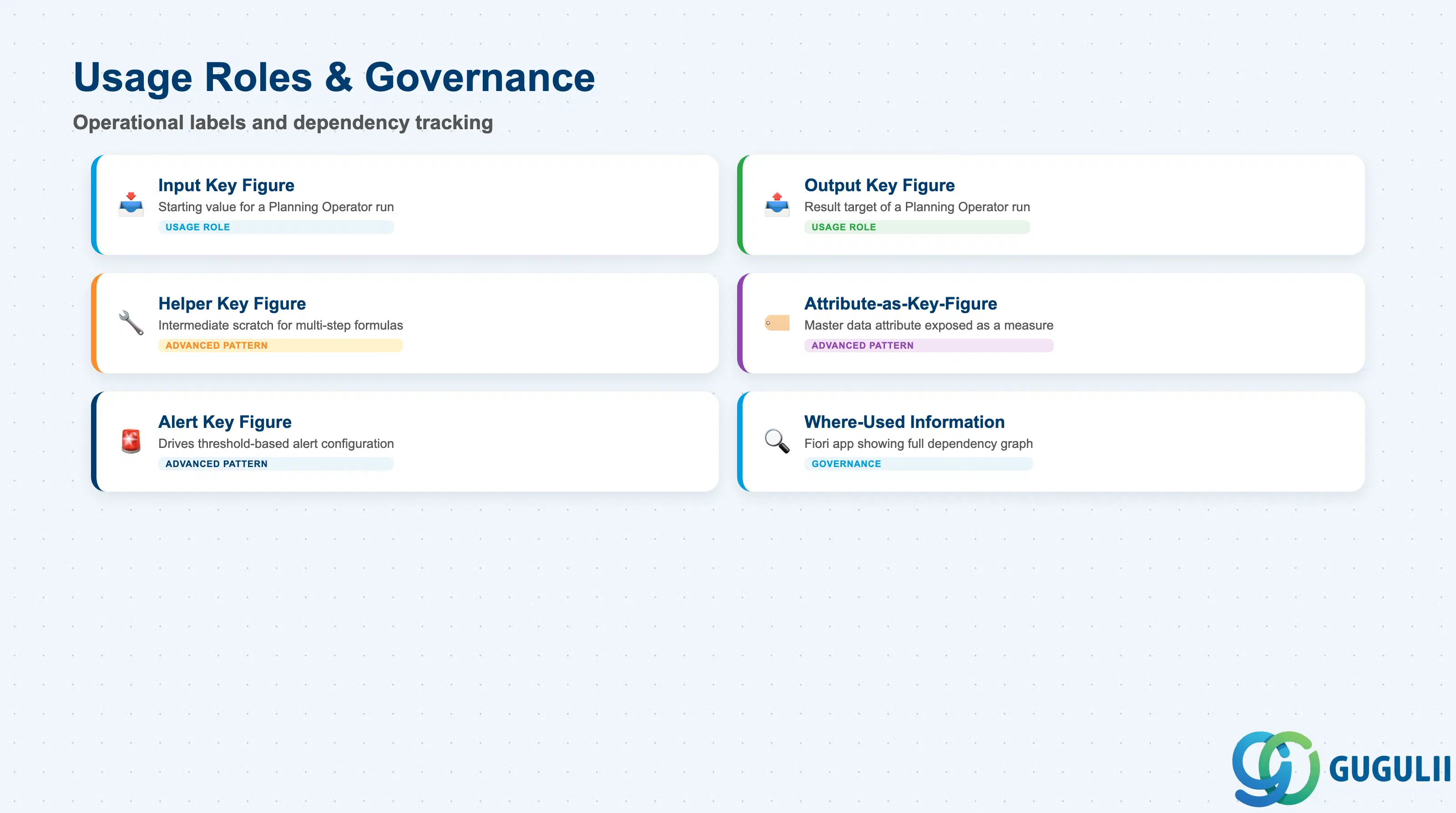 Checklist covering Input/Output usage roles, advanced key figure patterns, and the Where-Used Information governance app
