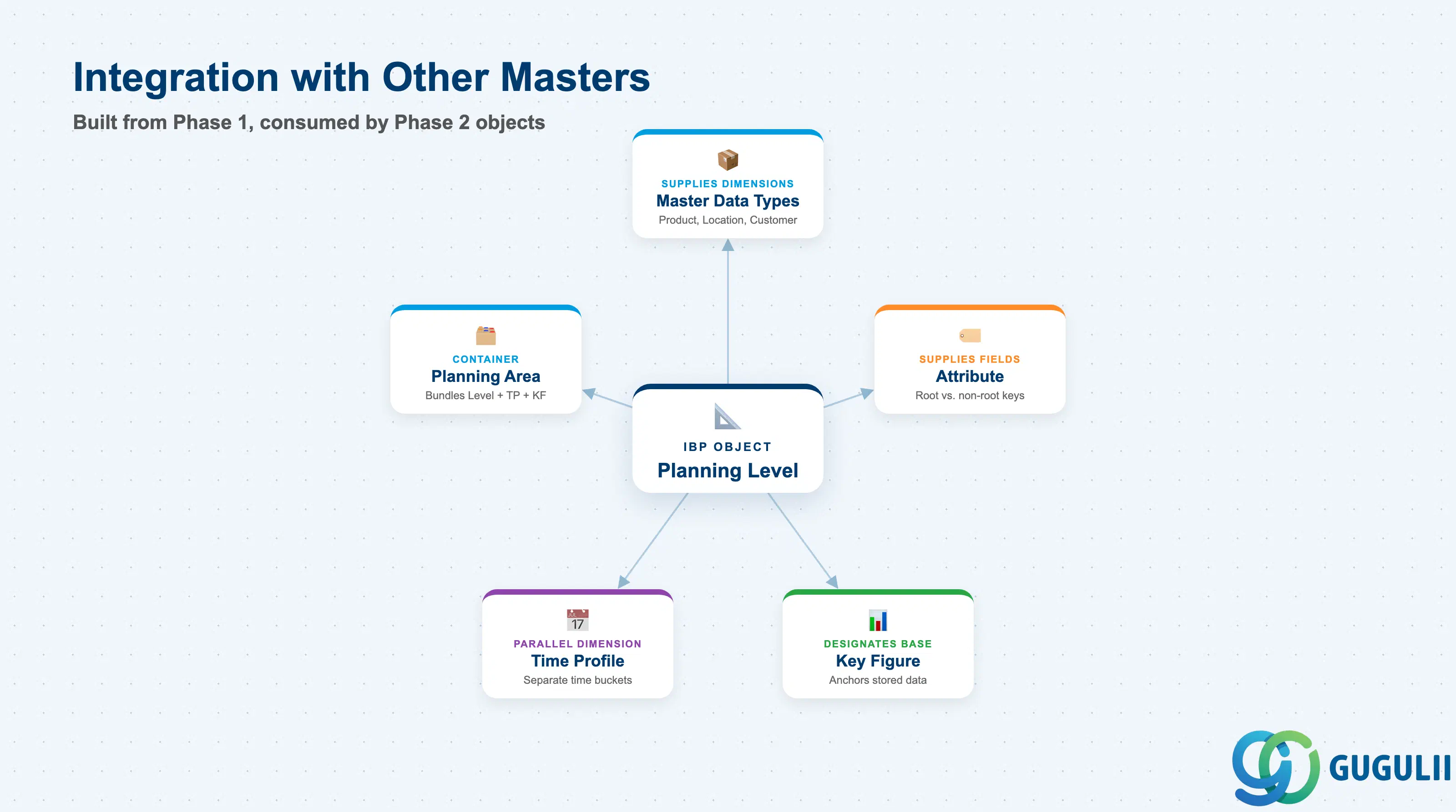 Hub-and-spoke diagram showing Planning Level at center connected to Master Data Types, Attribute, Time Profile, Key Figure, and Planning Area