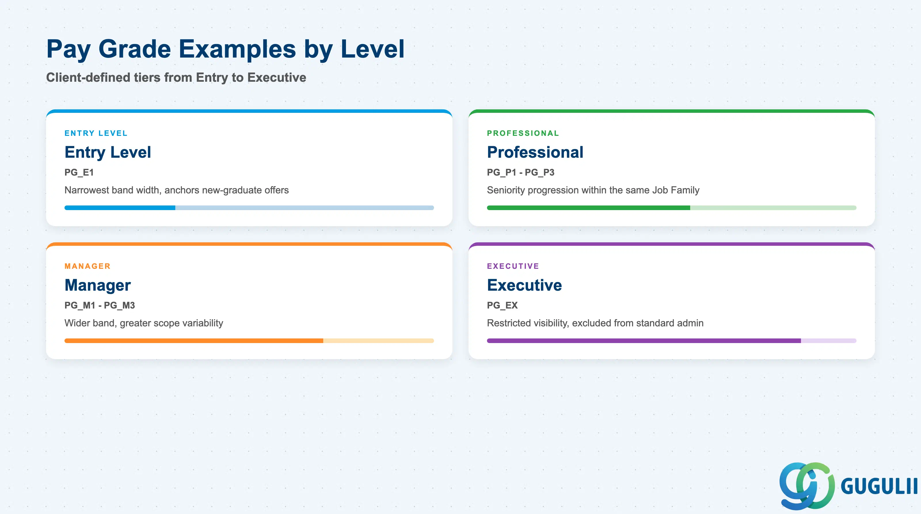 Comparison grid of common Pay Grade tiers: Entry, Professional P1-P3, Manager M1-M3, Executive, showing salary band shape