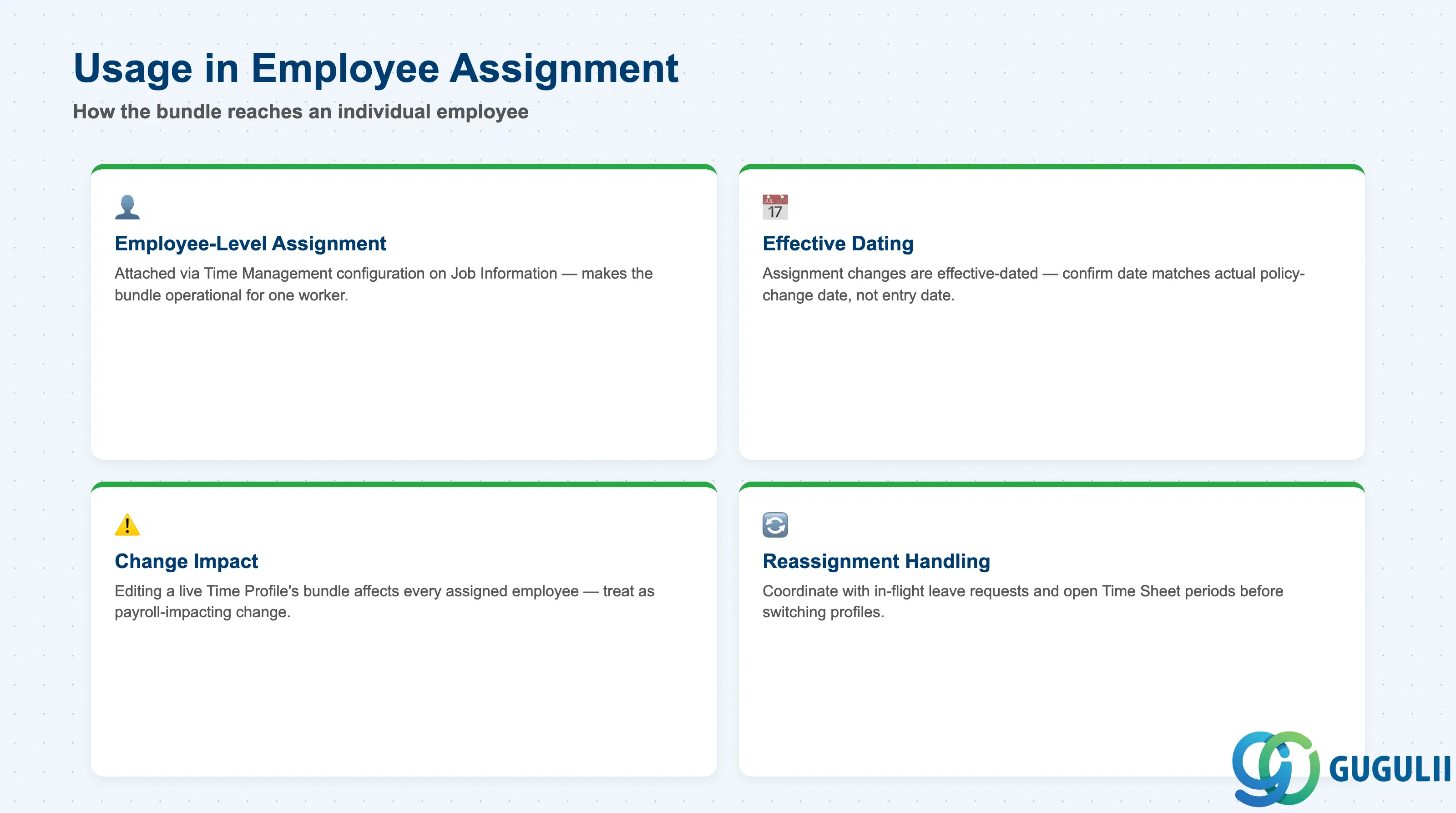 Checklist of Usage in Employee Assignment fields: Employee-Level Assignment, Effective Dating, Change Impact on Existing Assignments, Reassignment Handling