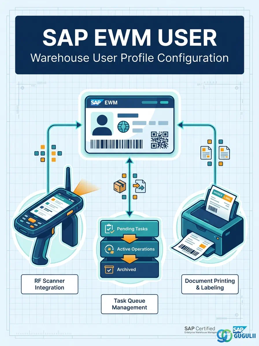 表紙: SAP EWM ユーザ — 倉庫ユーザプロファイルによる作業者IDとキュー、リソース、RF環境の紐付け