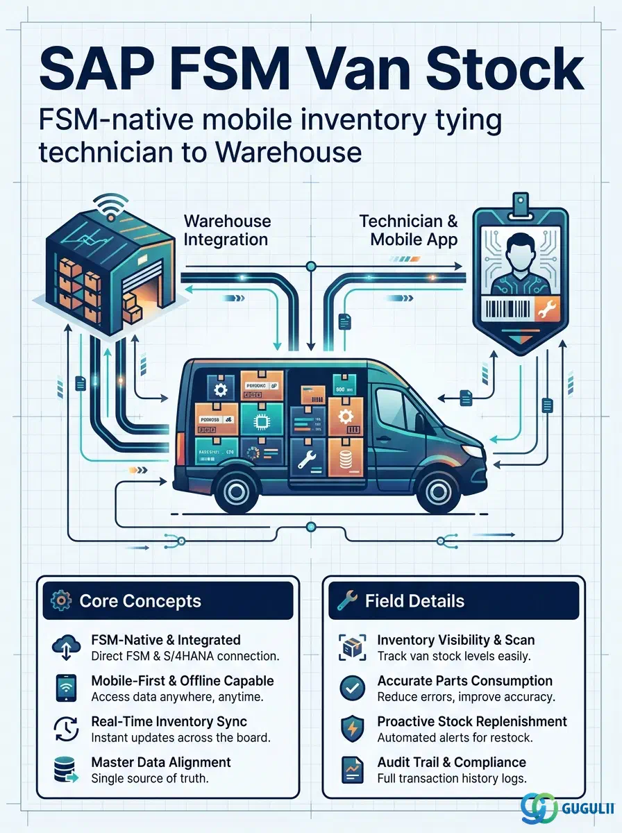 カバー: SAP FSM バン在庫 — FSMネイティブのモバイル在庫記録で、技術者のバン在庫を倉庫補充元に紐付けます